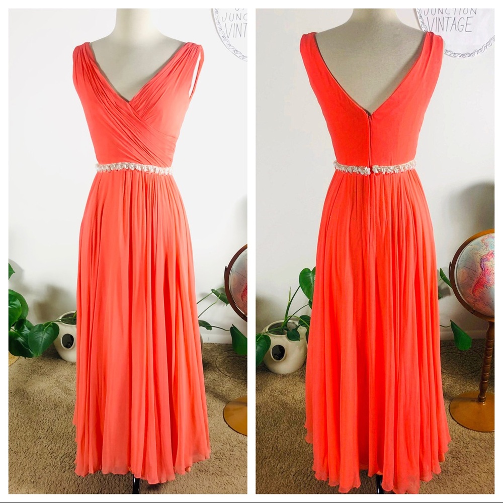 Vtg 60s Coral Chiffon Grecian Inspired Beaded Gown